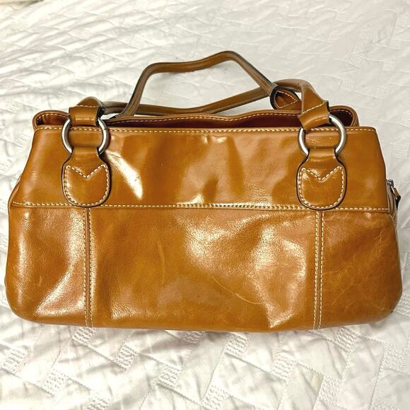 Vintage Gianni Bernini Glazed Leather Handbag Double Strap Caramel Brown Zipper - Picture 2 of 7